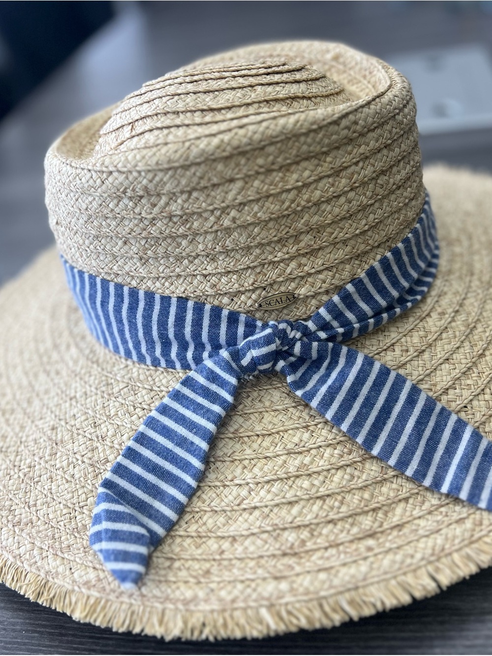 Scala Natural Straw Wide-Brim Hat with Blue and White Striped Band